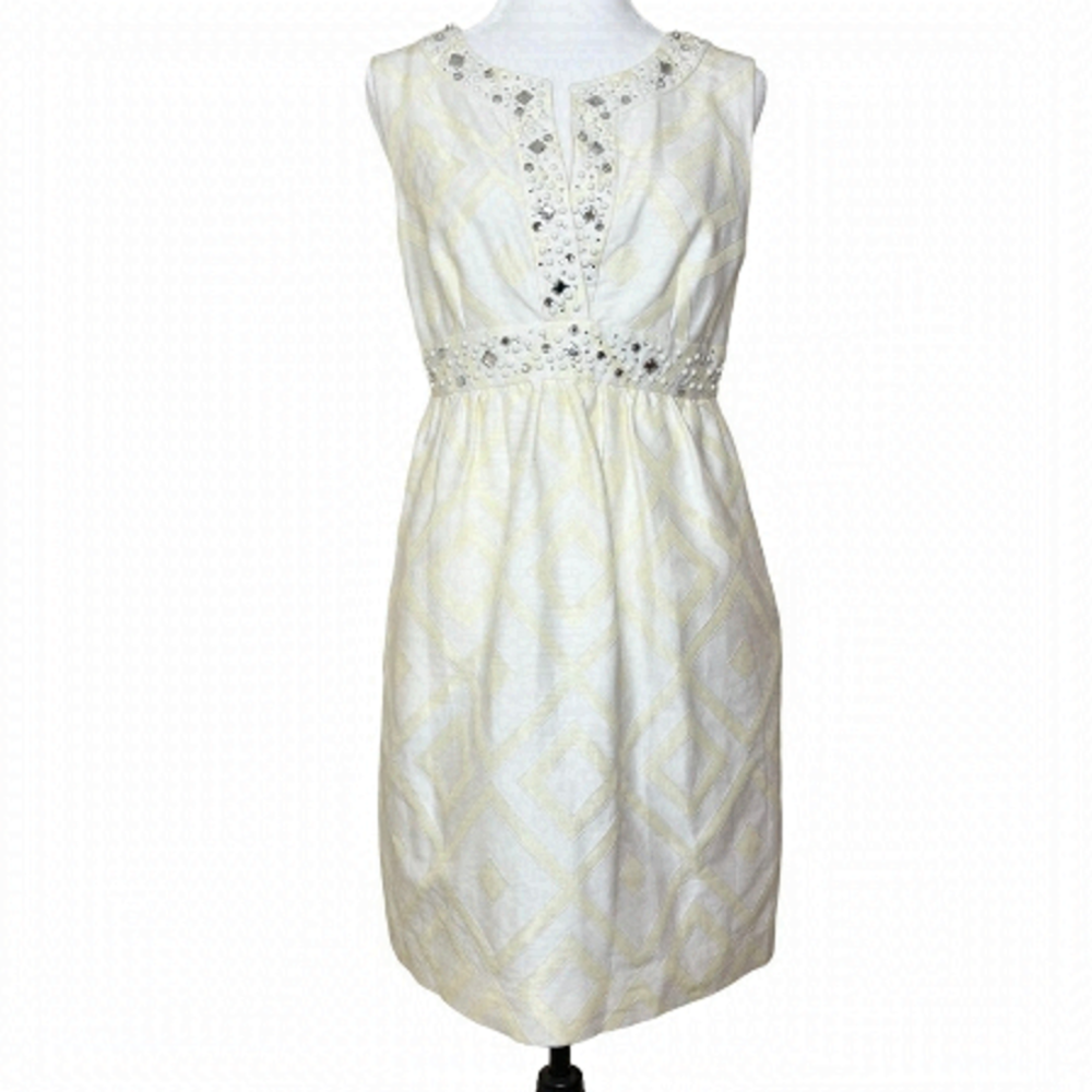 KATE Spade Light Yellow Silk Blend Diamond Pattern Crystal Accent Dress US 8